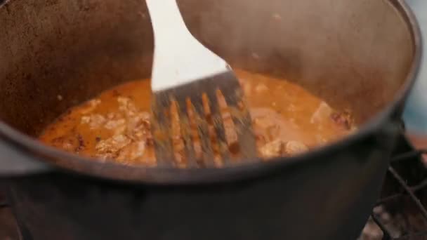In grande pentola di ghisa preparare piatto, rosso con cipolle di carne e altri componenti — Video Stock