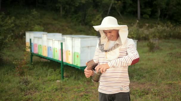 Человек пчеловод в специальной одежде, держа курильщика, чтобы успокоить пчел — стоковое видео