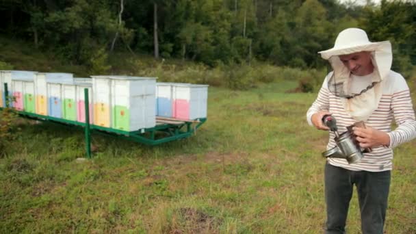 Pszczelarz w specjalnych ubraniach, trzymanie palacza, aby uspokoić pszczoły — Wideo stockowe