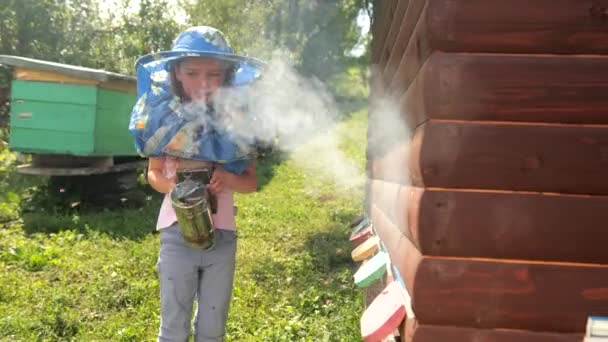 Маленька дівчинка в спеціальному одязі для бджільництва, тримає курця заспокоїти бджіл — стокове відео