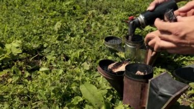 özel giysiler içinde iki arıyetiştiricileri arıları sakinleştirmek için bir censer tutun