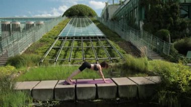 Siyah spor kıyafetli genç kız dışarıda yoga yapıyor, çeşitli egzersizler yapıyor.