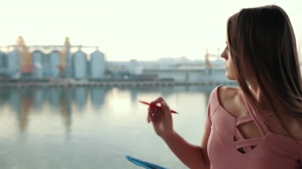 Niña en vestido rosa, sosteniendo carpeta azul y pluma, escritura y contando — Vídeos de Stock