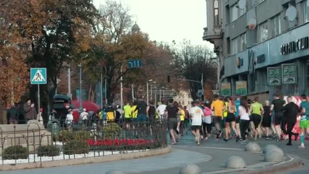 Grupo de atletas, personas sanas corriendo calle abajo, participando en maratón — Vídeos de Stock