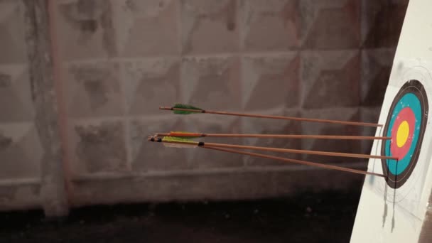 Wooden arrows with colored end fly into white foam on which target hangs — Stock Video