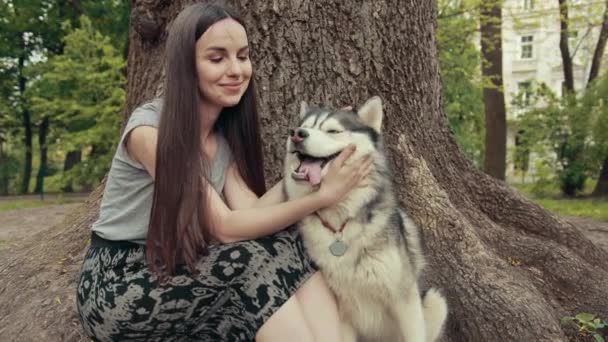 Eine attraktive junge blonde Frau spielt mit einem reinrassigen sibirischen Husky-Hund im Park. — Stockvideo