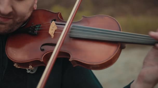 Violoniste sur le pont, rue Interprète jouant du violon, dehors. Gros plan — Video
