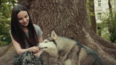Çekici Sarışın Kadın, Saf Sibirya Köpeği Parkta Besliyor
