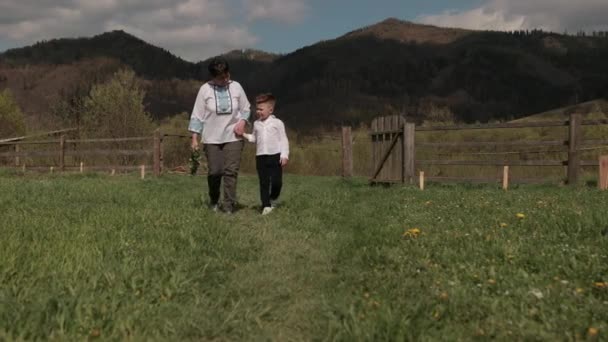 Az unoka támogatja a nagyit sétálás közben, az unoka a természeten megy keresztül. — Stock videók