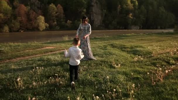 Glad söt unge plocka en bukett blommor i soligt fält, familj promenad våren — Stockvideo