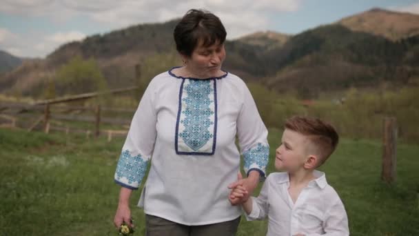 Barnbarn stöttar mormor när hon går, ett barnbarn går genom naturen — Stockvideo