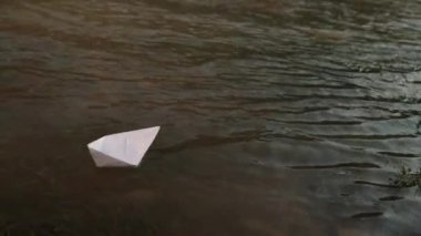 Yüzen beyaz kağıt tekne. Nehir ve geminin suluboya resmi, göl