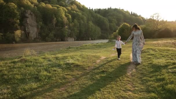 Женщина гуляет с сыном по парку, путешествует дети, ребенок держит маму за руку — стоковое видео