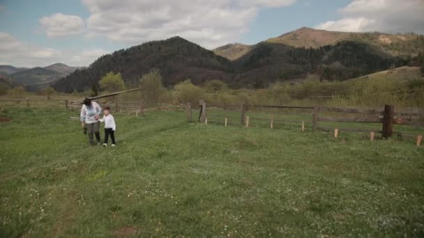 Barnbarn stöttar mormor när hon går, ett barnbarn går genom naturen — Stockvideo