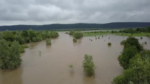 Översvämmade vägar kraftiga regn översvämningar under drönarflygning översvämmande flod — Stockvideo