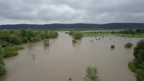 Затопленная дорога Проливной дождь наводнение, принятое во время полета беспилотника переполненной реки — стоковое видео
