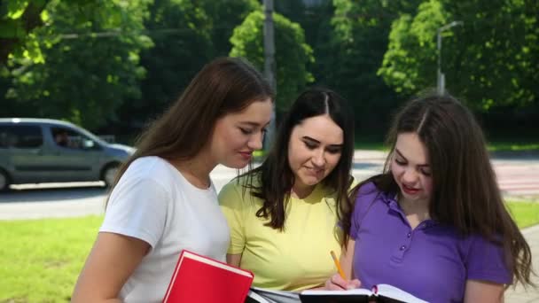 Slunečný den. Studentky tři ženy dohromady. Držím knihy. Univerzitní dívky — Stock video