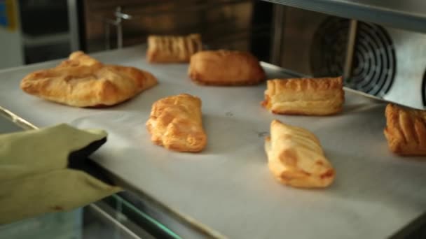 A pessoa enfia tartes no forno. Masculino padeiro na padaria, homem assa tarte assinatura — Vídeo de Stock