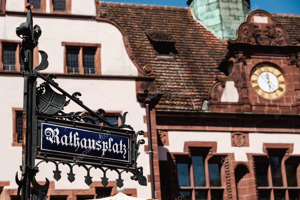 Freiburg im Breisgau, Baden-Wurttemberg, Germany : name sign of the Rathausplatz square. Black Forest south west Germany