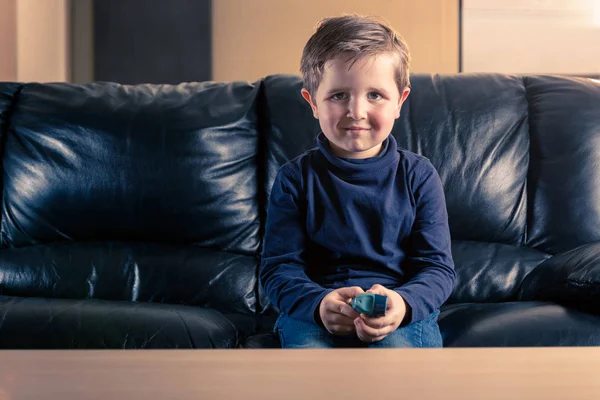 Cute Year Old Toddler Holding His Asthma Inhaler Sitting Black — Stock Photo, Image