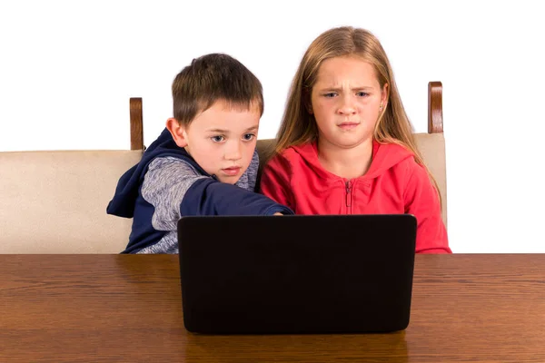 Junge Und Mädchen Bis Jahre Alt Arbeiten Laptop Junge Zeigt — Stockfoto