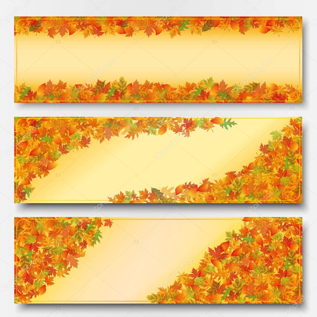 Set of horizontal vector banners with autumn leaves.