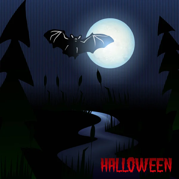Bosque Nocturno Espeluznante Murciélago Volador Luna Llena Ilustración Halloween — Archivo Imágenes Vectoriales