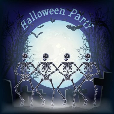 Cadılar Bayramı için poster sevimli dans iskeletler, büyük dolunay ve uçan yarasalar. Cadılar Bayramı açık hava partisine davet.