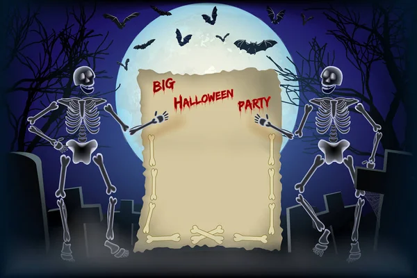 Két Csontváz Tartani Poszter Nagy Halloween Party Vektoros Illusztráció — Stock Vector
