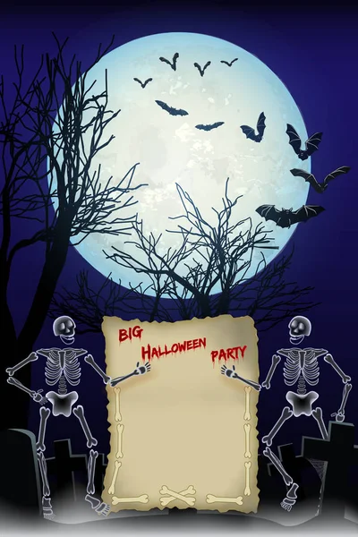 Deux Squelettes Gardent Affiche Big Halloween Party Illustration Vectorielle — Image vectorielle