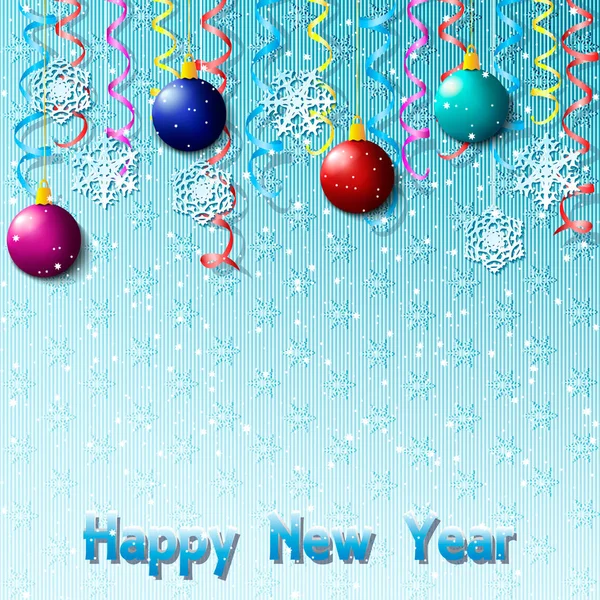 Gelukkig Nieuwjaar Vectorillustratie Met Sneeuwvlokken Serpentijn Kerstballen Voor Begroeting Uitnodiging — Stockvector