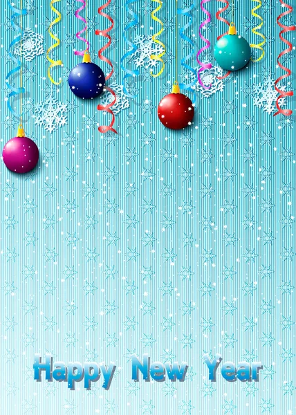 Boldog Évet Vektoros Illusztráció Hópelyhek Szerpentin Karácsonyi Golyókat Üdvözlés Vagy — Stock Vector