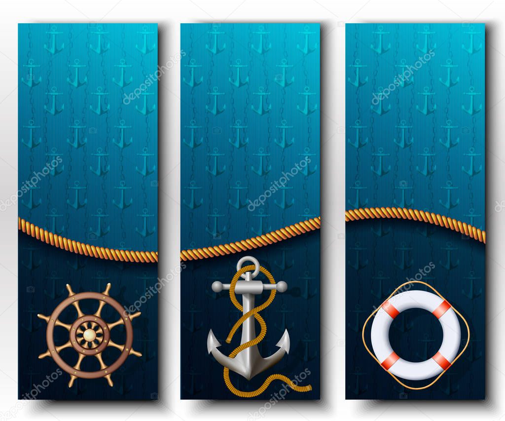 Set of three vertical maritime banners with place for text.
