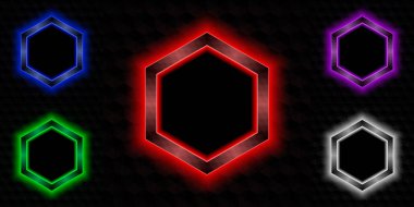 Neon glow farklı renkler koyu altıgen çerçevelerle vektör kümesi.