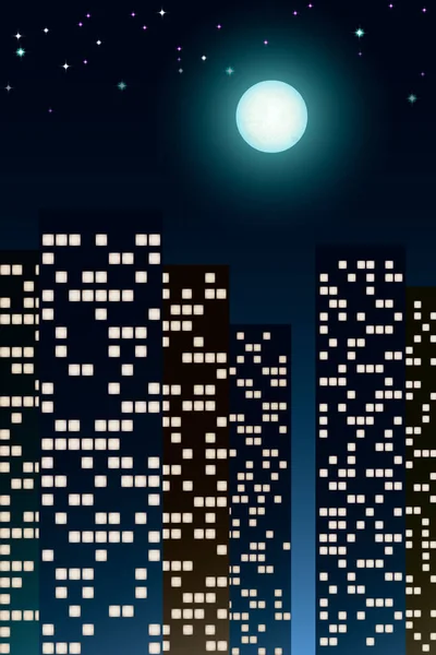 Malam Kota Bulan Purnama Dan Lampu Jendela Rumah - Stok Vektor