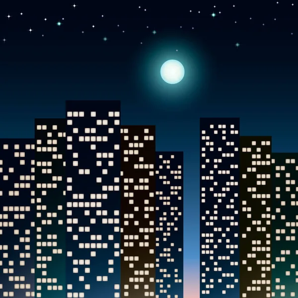 Malam Kota Bulan Purnama Dan Lampu Jendela Rumah - Stok Vektor