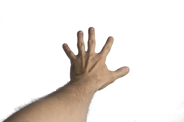 Mâna Stângă Masculină Ajunge Lumină Fundal Alb Vedere Din Ochi — Fotografie, imagine de stoc