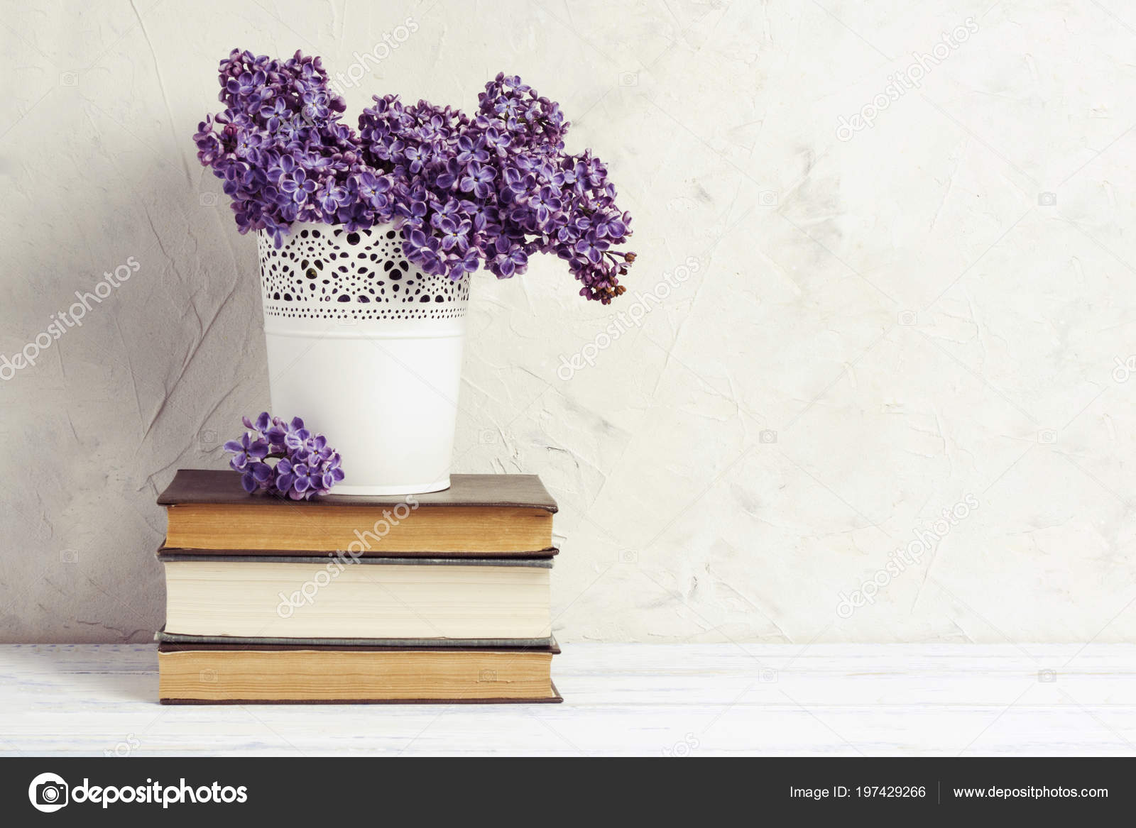 Lilac White Decorative Bucket Pile Books White Stone Background