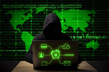 hacker bir ceket ile bir dizüstü bilgisayar ile bir başlık'ı masaya oturur. Eklenen kimlik hırsızlığı simgeler, hesap ele geçirme, banka veri hırsızlığı ve Dünya Haritası.