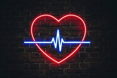 Parlak neon tabela bir kalp ve arka plan seramik duvar satırlarında kalp şeklinde. Site reklam işaret ve Hastanesi eczanelerde kavramı.