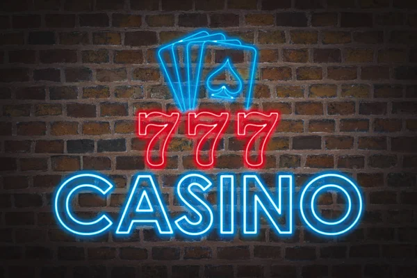 Světle Neonový Nápis Textem Casino Čtyři Hrací Karty Pozadí Keramické — Stock fotografie
