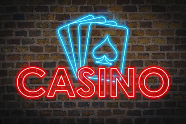 Světle Neonový Nápis Textem Casino Čtyři Hrací Karty Pozadí Keramické — Stock fotografie