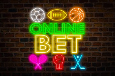 Neon tabela online bahis, spor sembolleri, futbol, Amerikan futbolu, basketbol, boks, Tenis, hokey bir tuğla duvar zemin karşı. Kavram bahis online spor bahisleri.