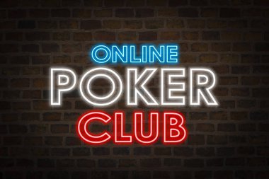 Neon tabela Online Poker Kulübü bir tuğla duvar arka planda. Online kumar ile bir site kavramı.
