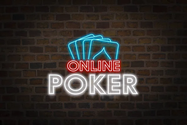 Neon signboard Online Poker and Four playing cards. Concept of a site with online gambling.