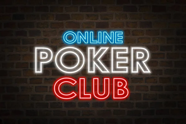 Neon signboard Online Poker Club on a brick wall background. Concept of a site with online gambling.