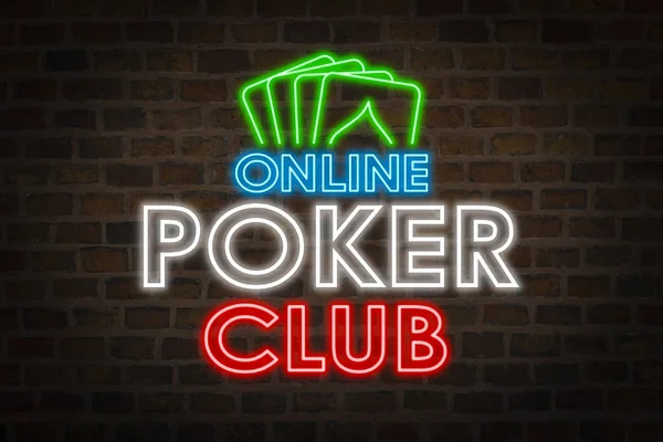 Neon signboard Online Poker Club on a brick wall background. Concept of a site with online gambling.