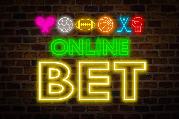 Neon tabela online bahis, spor sembolleri, futbol, Amerikan futbolu, basketbol, boks, Tenis, hokey bir tuğla duvar zemin karşı. Kavram bahis online spor bahisleri.