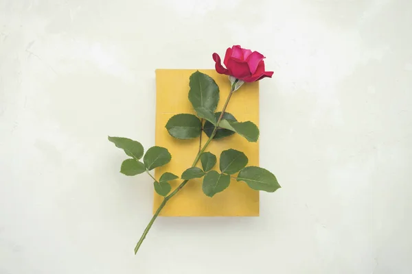 Rosa Roja Libro Con Una Cubierta Amarilla Sobre Fondo Piedra —  Fotos de Stock