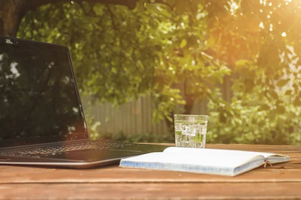 Laptop, açık günlüğü ve bir bardak buz küpleri ve nane ile ferahlatıcı bir içki ile ahşap bir masaya bırakır. Doğada, freelancing, tatilde iş iş kavramı.